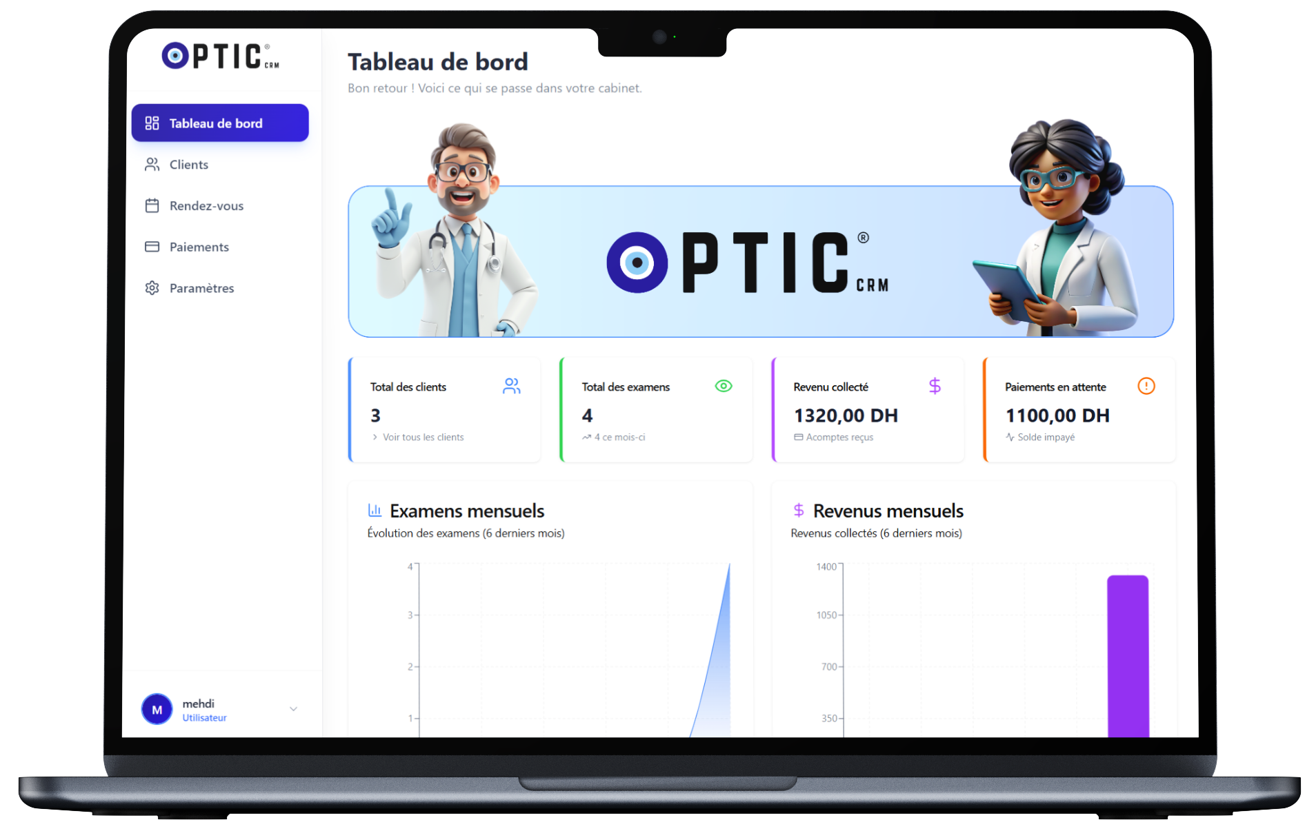 Aperçu du tableau de bord OPTIC CRM sur MacBook Air
